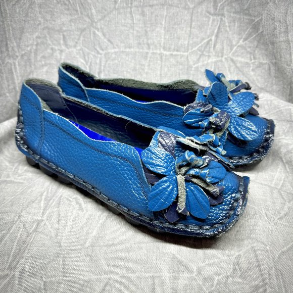 Socofy Shoes - Socofy Handcrafted Blue Leather Flower Slip Ons 235 / US 6